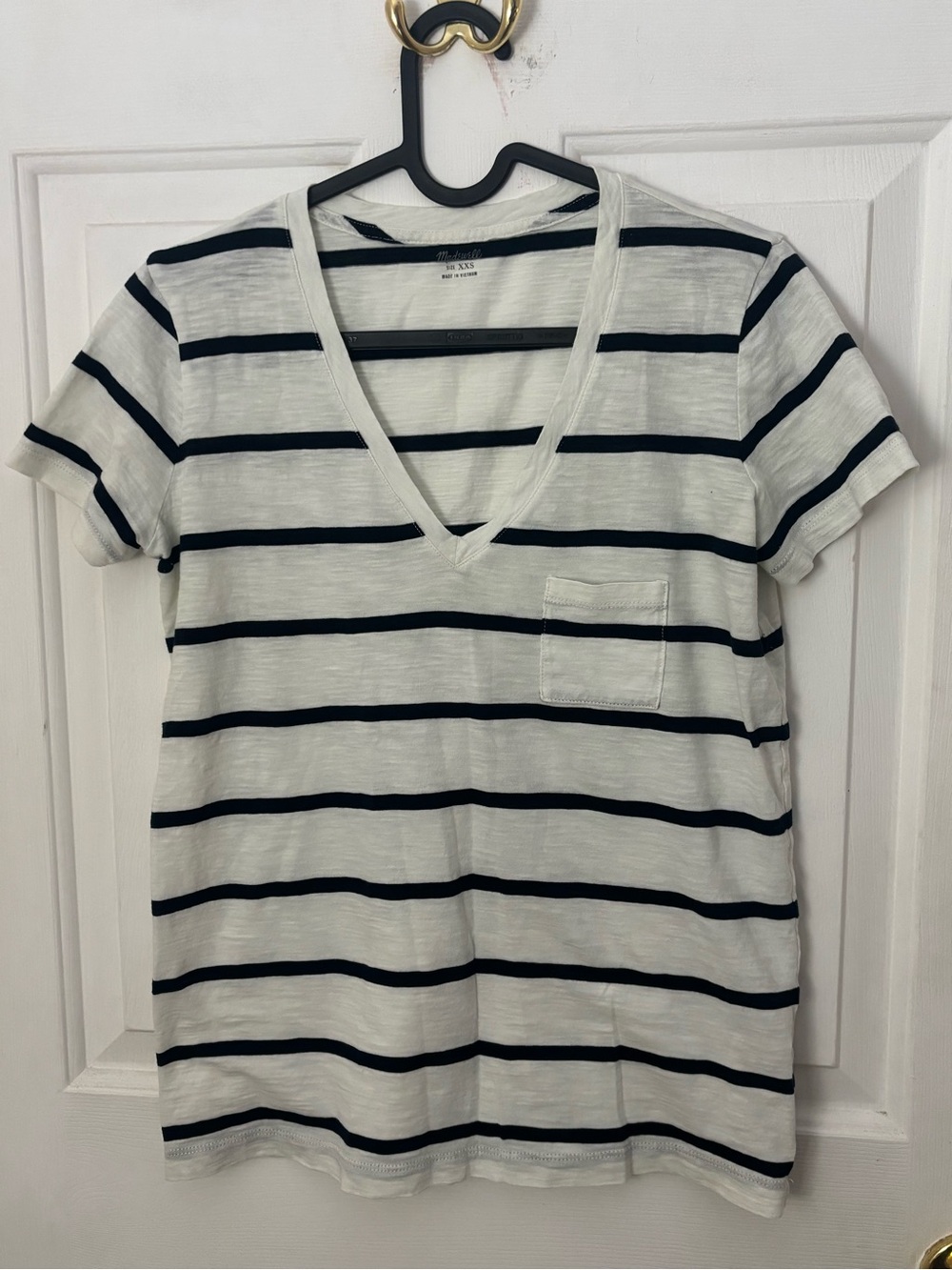 Madewell White & Black Striped V-Neck Pocket Tee